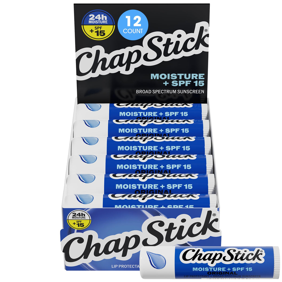 ChapStick frontal del paquete de 12 mostrando diseño y facilidad de transporte