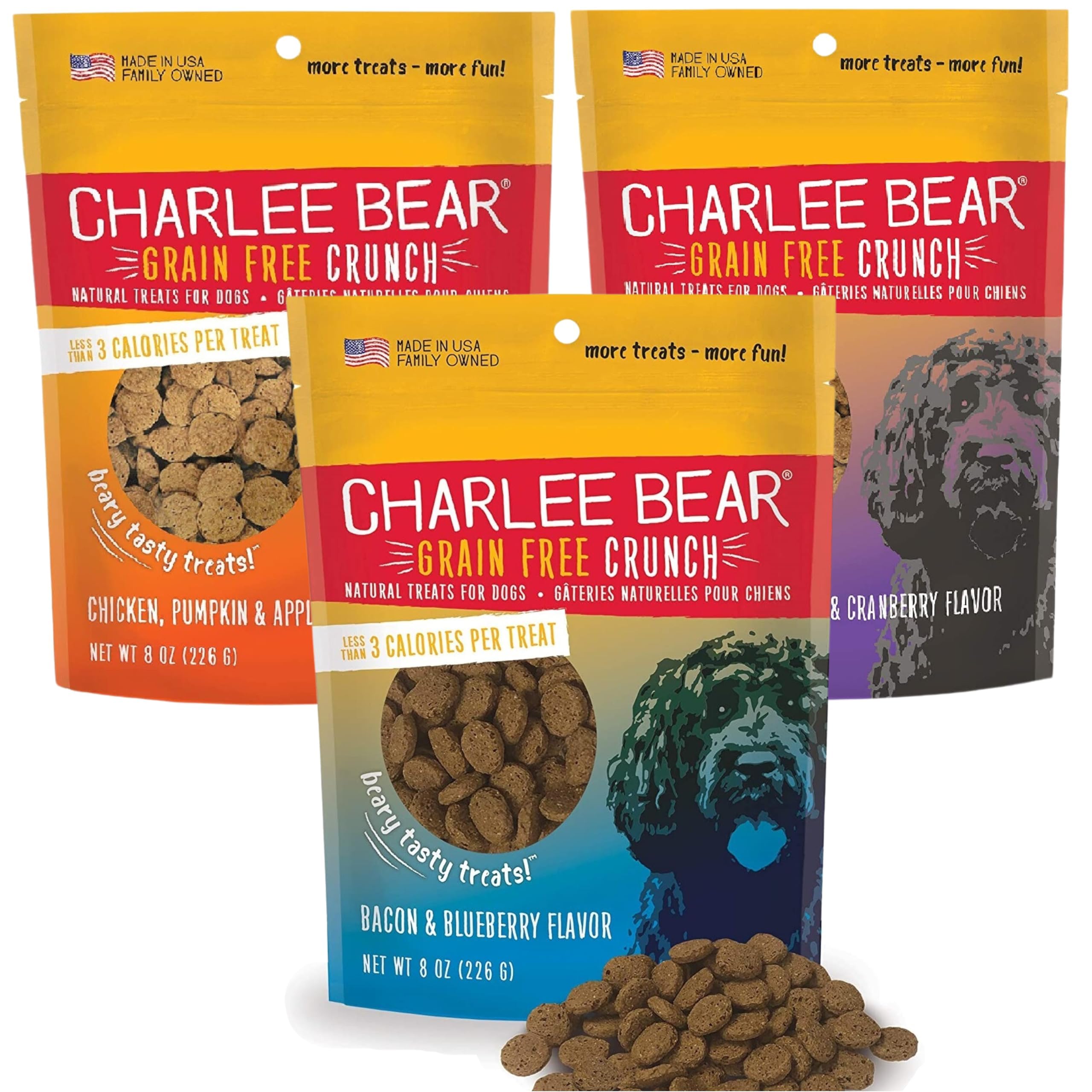 Charlee Bear paquete frontal mostrando las tres bolsitas para entrenamiento