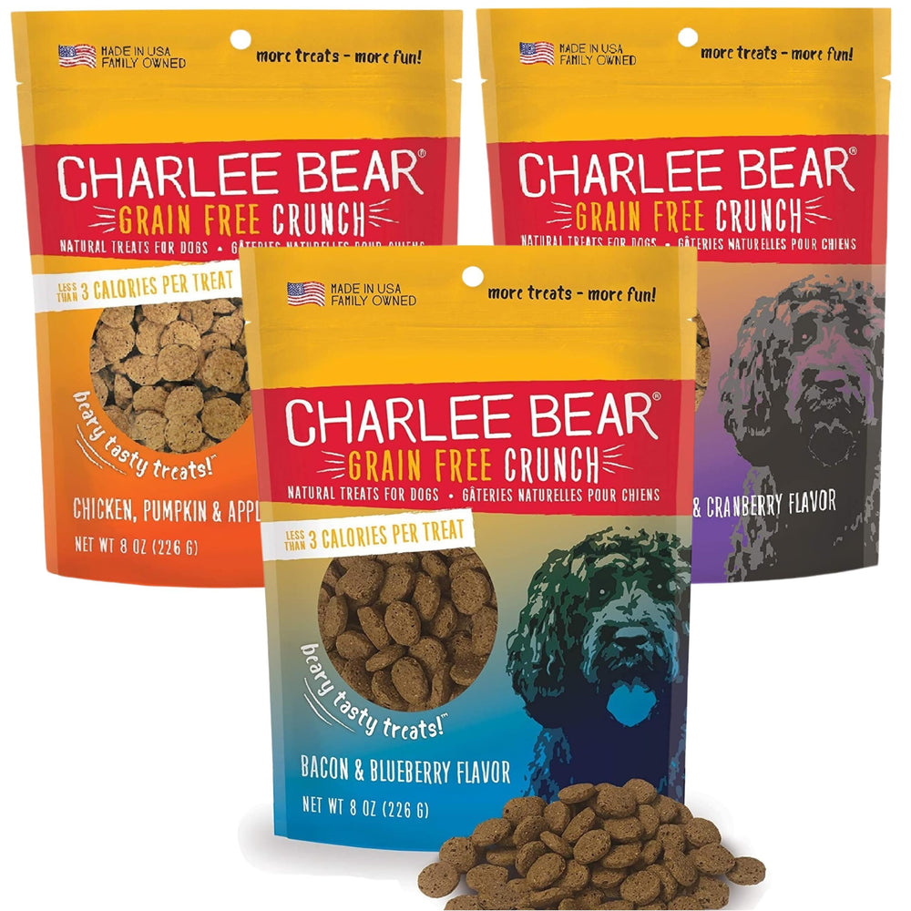 Charlee Bear paquete frontal mostrando las tres bolsitas para entrenamiento