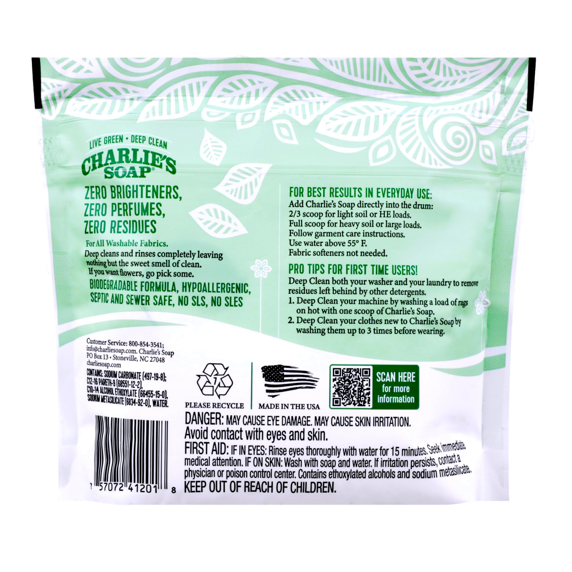 Charlie’s Soap primer plano de la textura en polvo, apariencia fina que facilita el enjuague