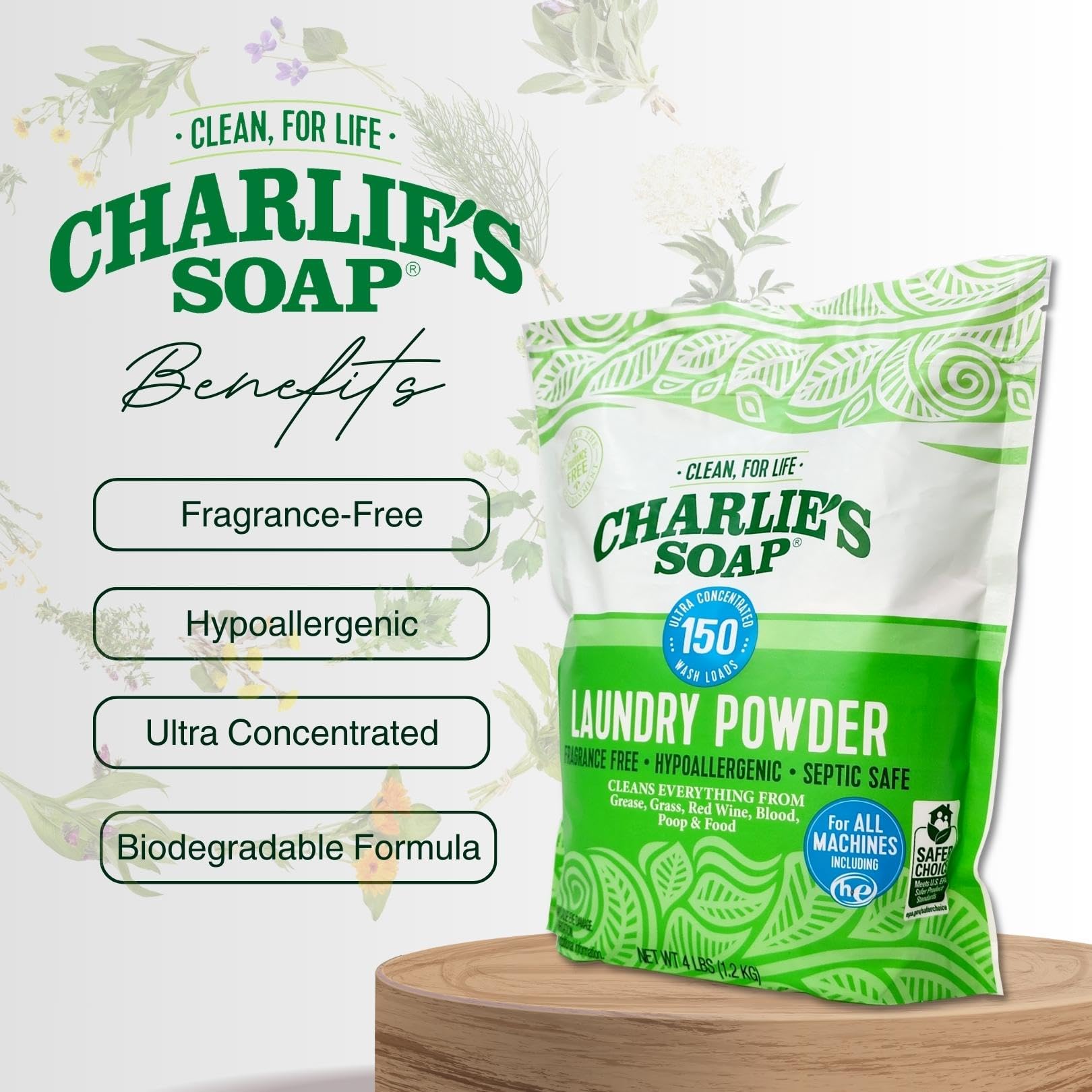 Charlie's Soap paquete junto a un ítem de tamaño estándar para mostrar que rinde 150 lavados