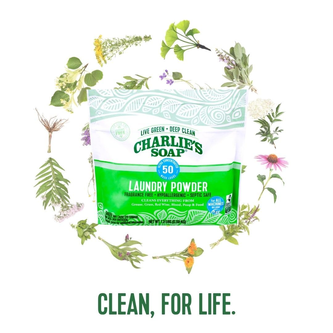 Charlie’s Soap envase junto a lista de ingredientes, cuatro ingredientes simples visibles