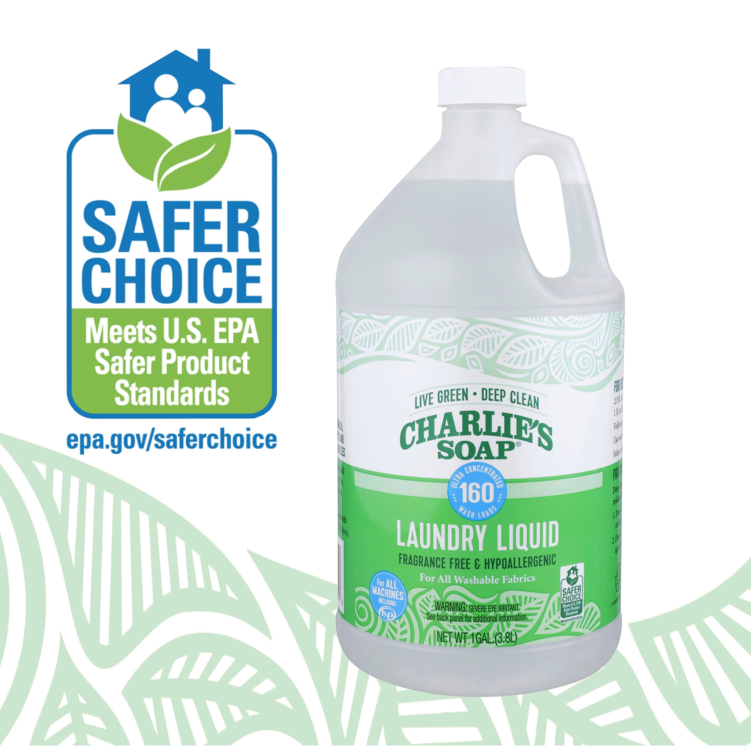 Charlie’s Soap etiqueta con sello EPA Safer Choice y datos de ingredientes seguros