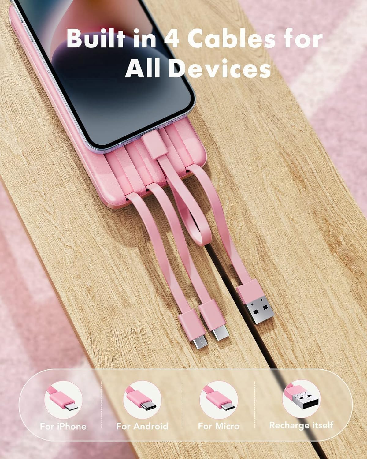 charmast detalle de cables integrados, siempre disponibles para cargar
