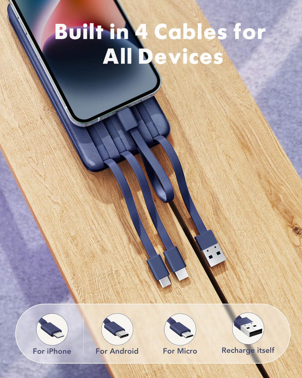 charmast detalle de los cuatro cables integrados que evitan pérdida de accesorios