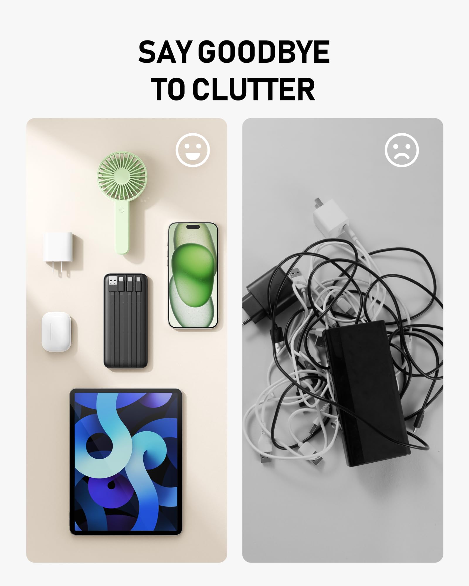 charmast power bank en uso cargando teléfono, tablet y auriculares simultáneamente