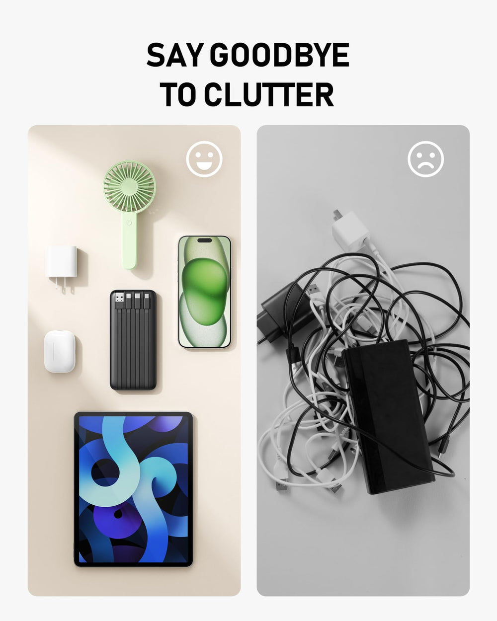 charmast power bank en uso cargando teléfono, tablet y auriculares simultáneamente