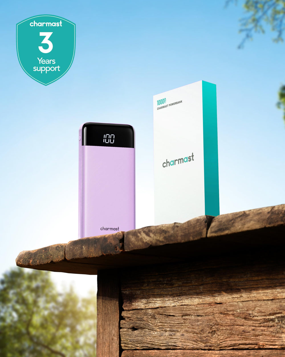charmast etiqueta que indica 10000mAh y especificaciones de capacidad
