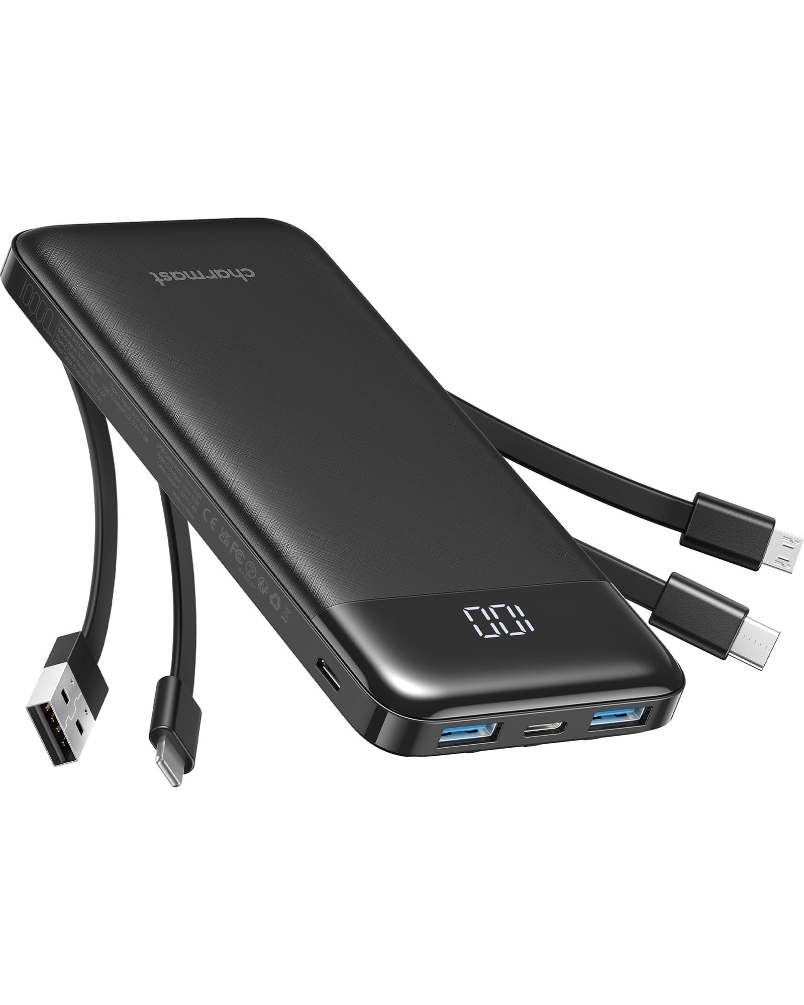 charmast vista frontal del power bank mostrando diseño compacto y botones