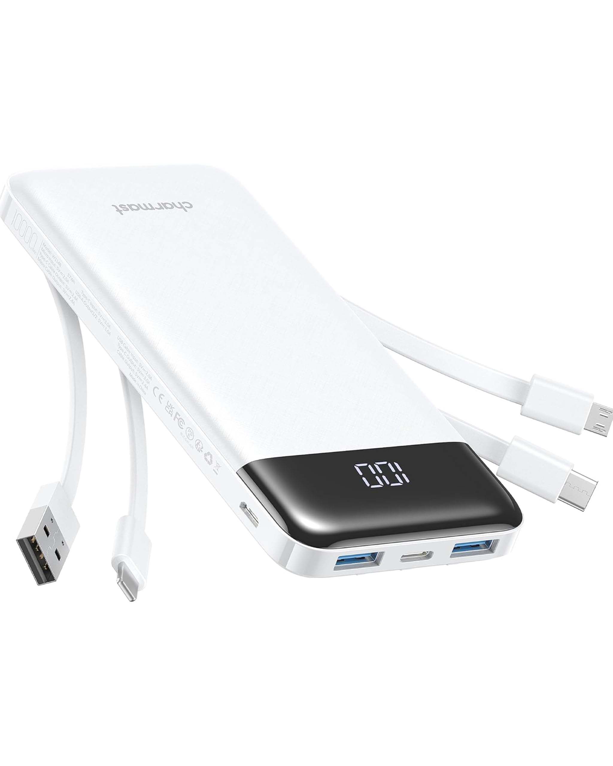charmast vista frontal del power bank con acabado delgado y elegante mostrando beneficios de portabilidad