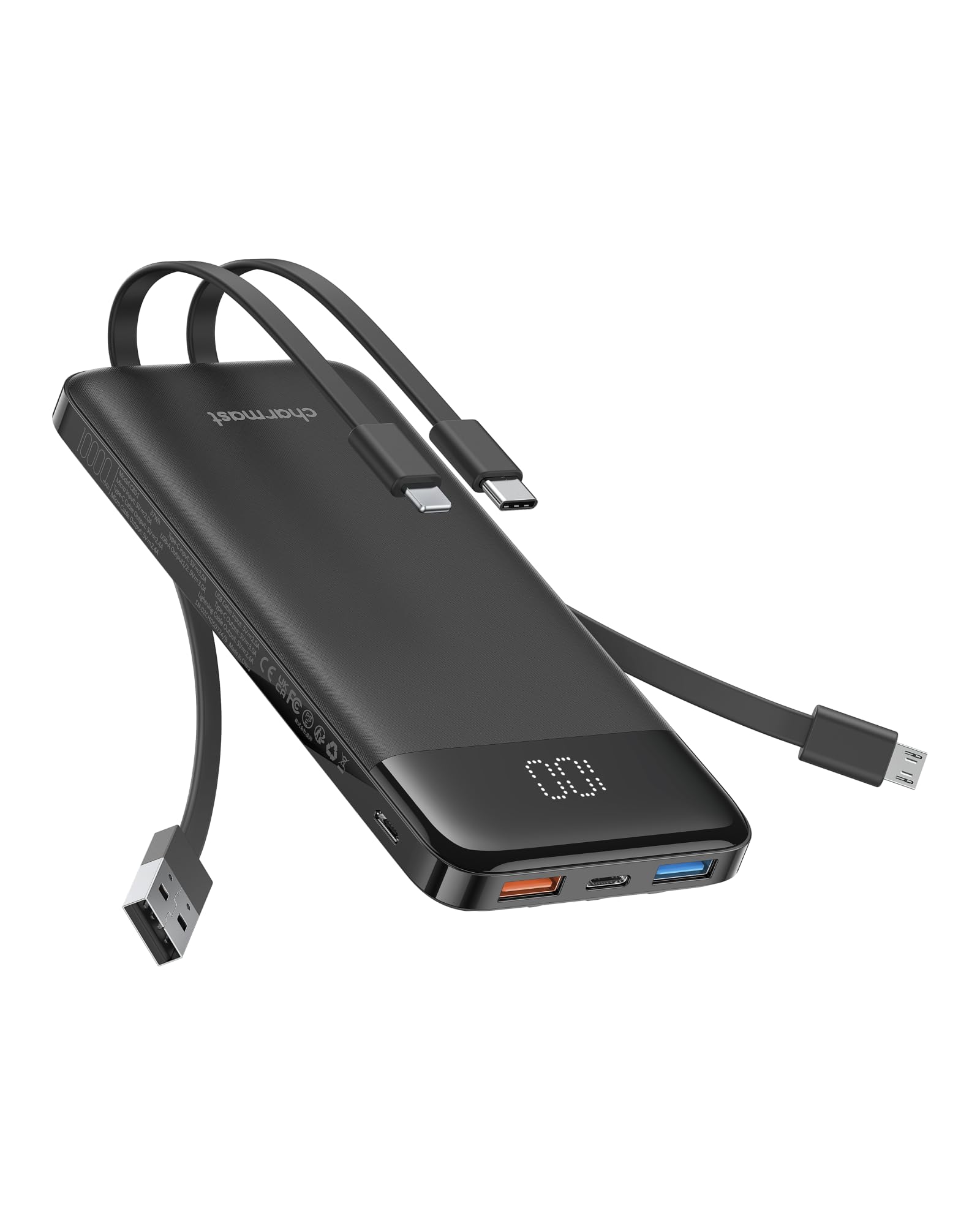 charmast vista frontal del power bank mostrando diseño compacto y marca