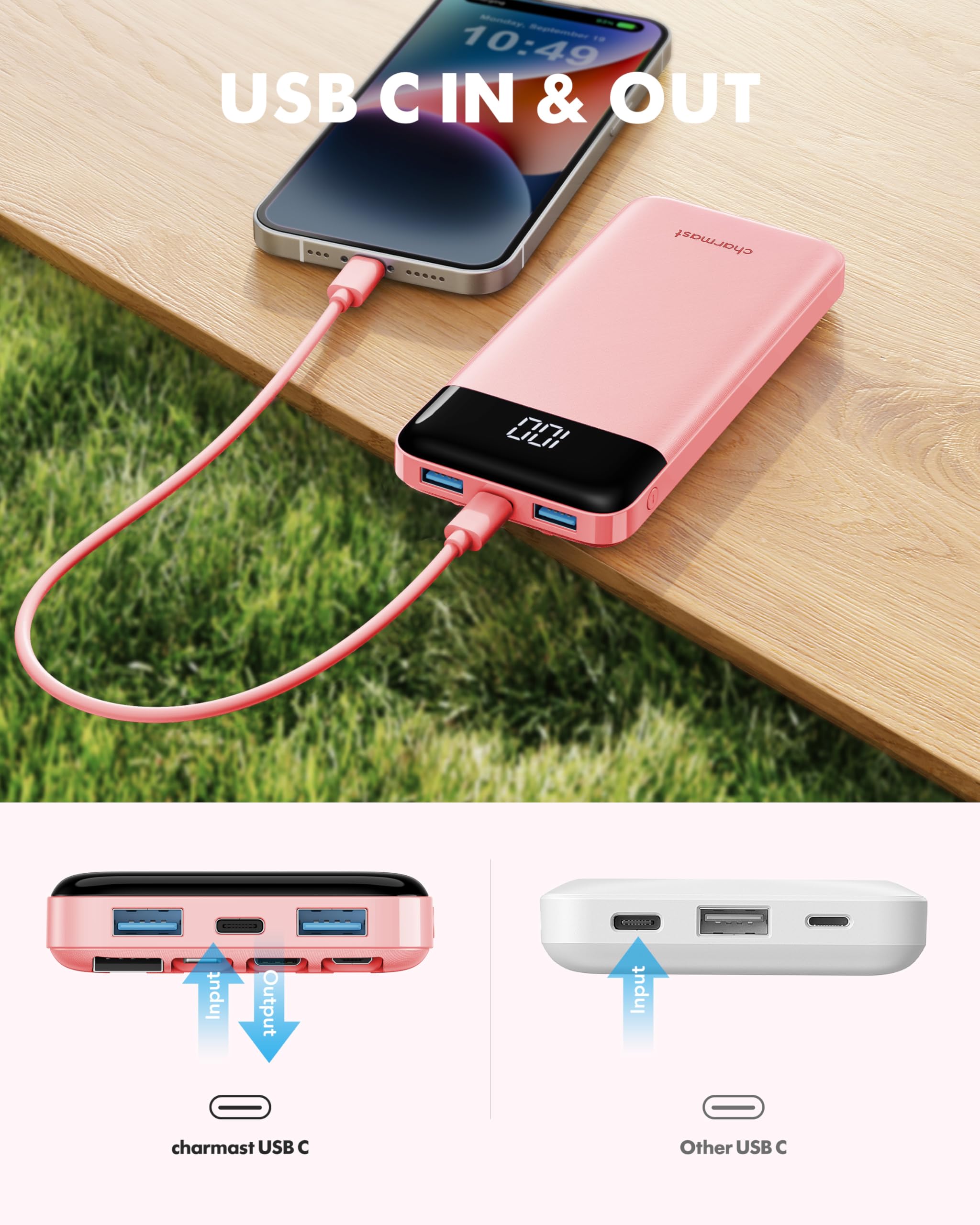 charmast funda y manual incluidos al lado del power bank con beneficio protección y soporte