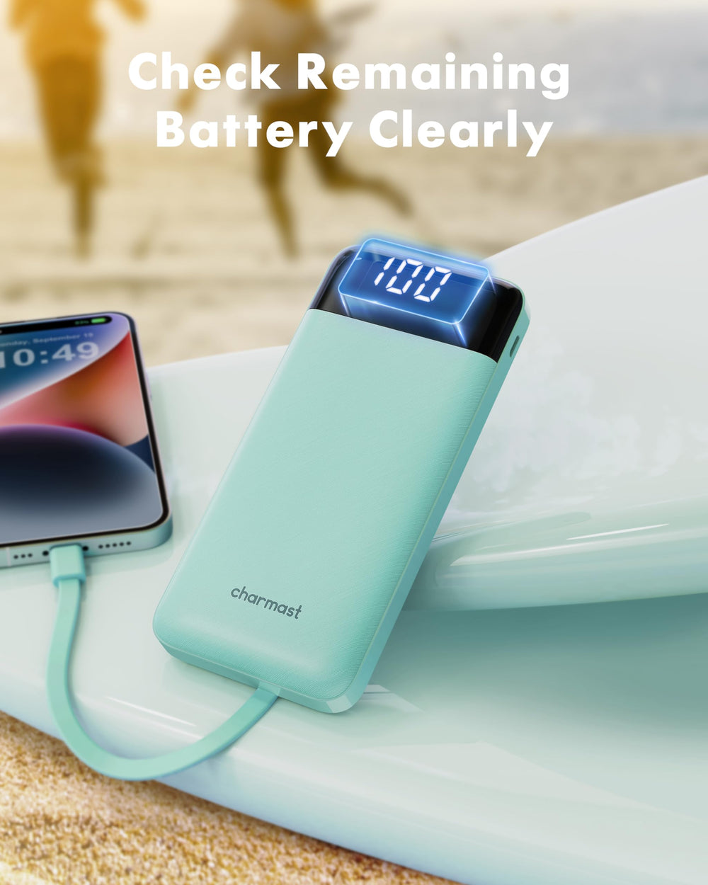 charmast puertos USB-C y USB-A visibles y etiqueta técnica con especificaciones