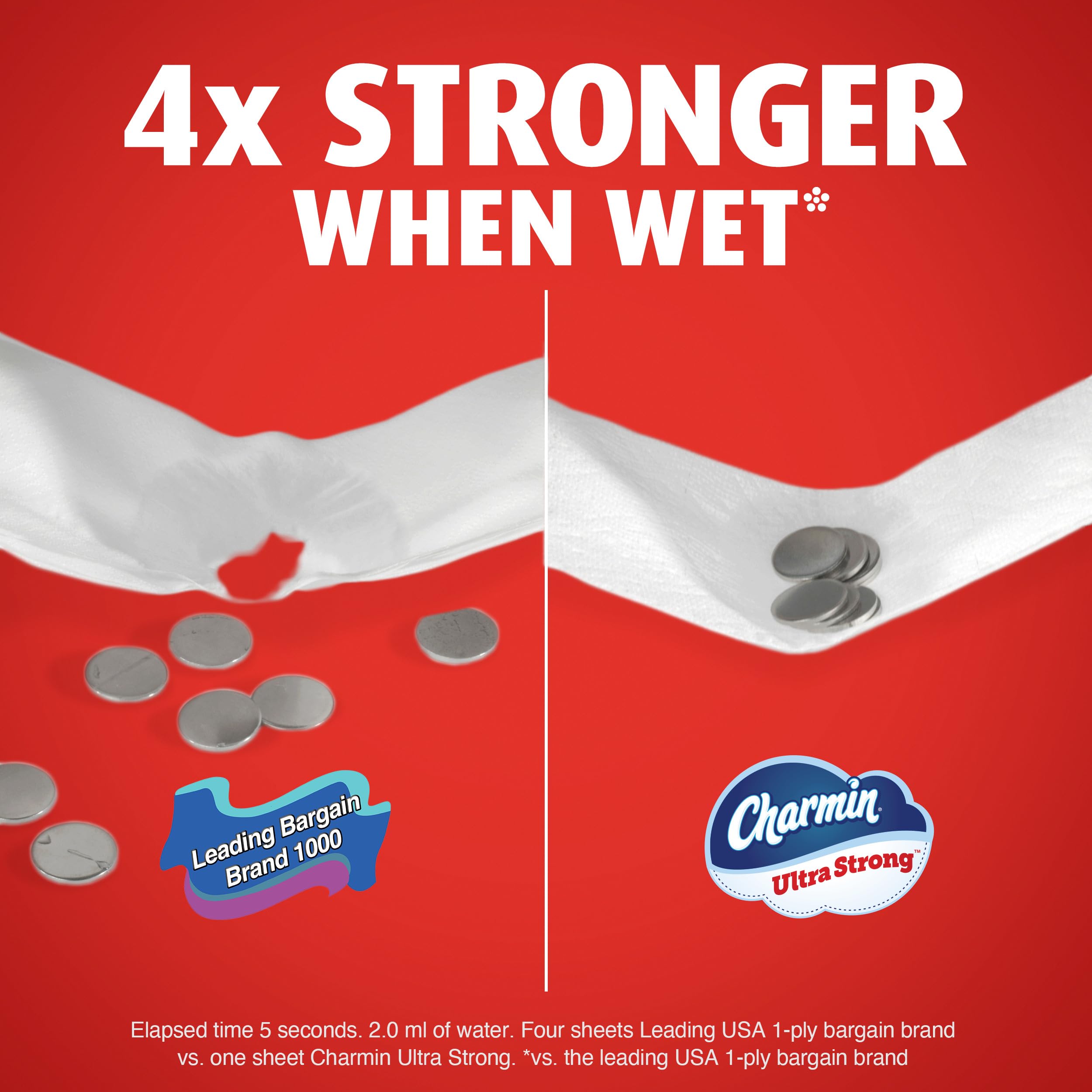Comparación tamaño Charmin mega versus rollo regular, mayor duración por rollo