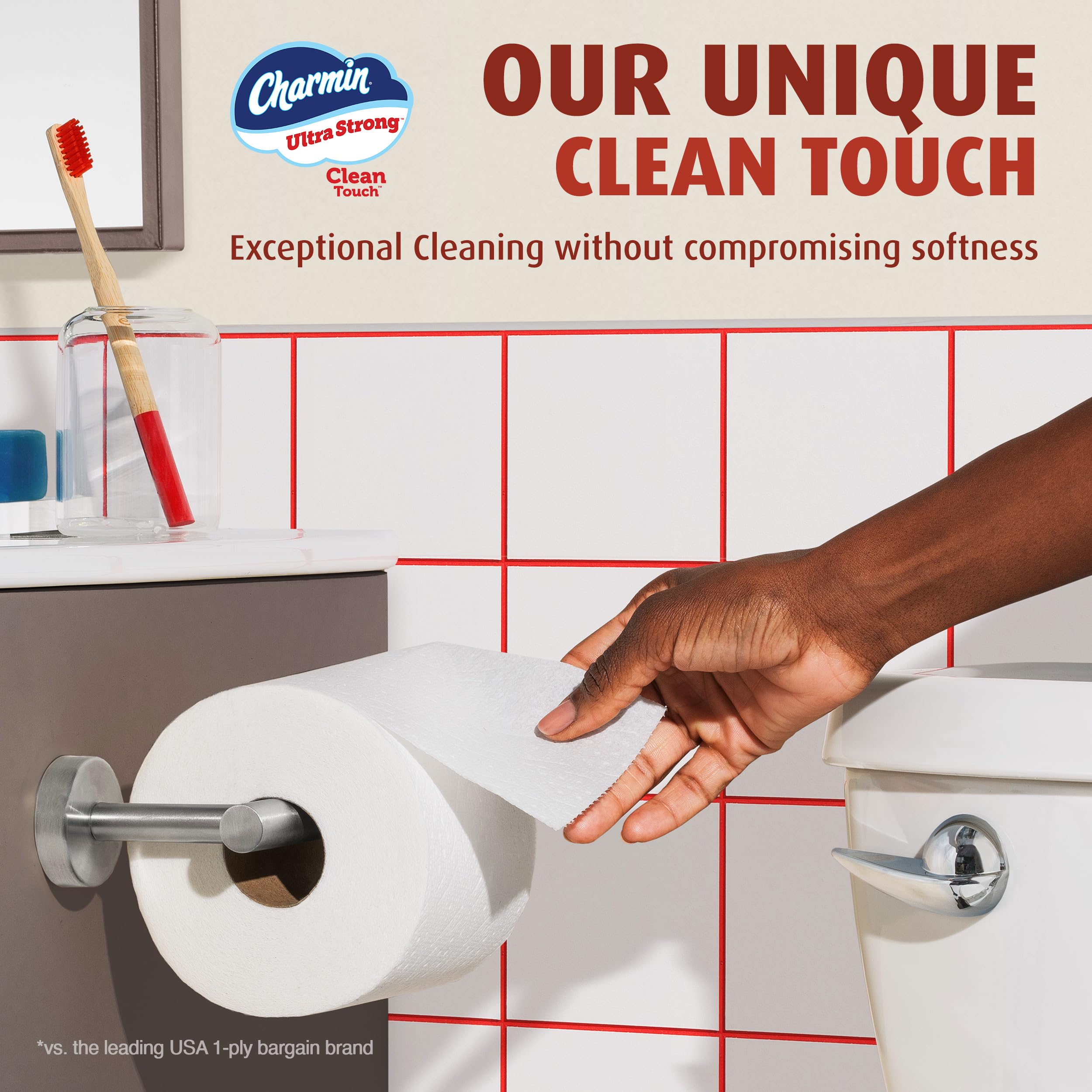 Charmin empaque lateral con información de hojas por rollo y beneficios
