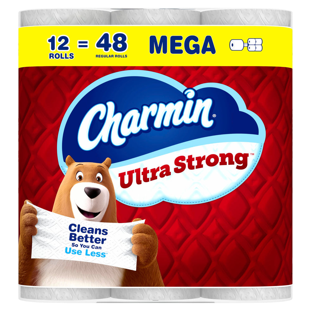 Charmin paquete 12 mega rollos frente mostrando cantidad y marca, ofrece ahorro