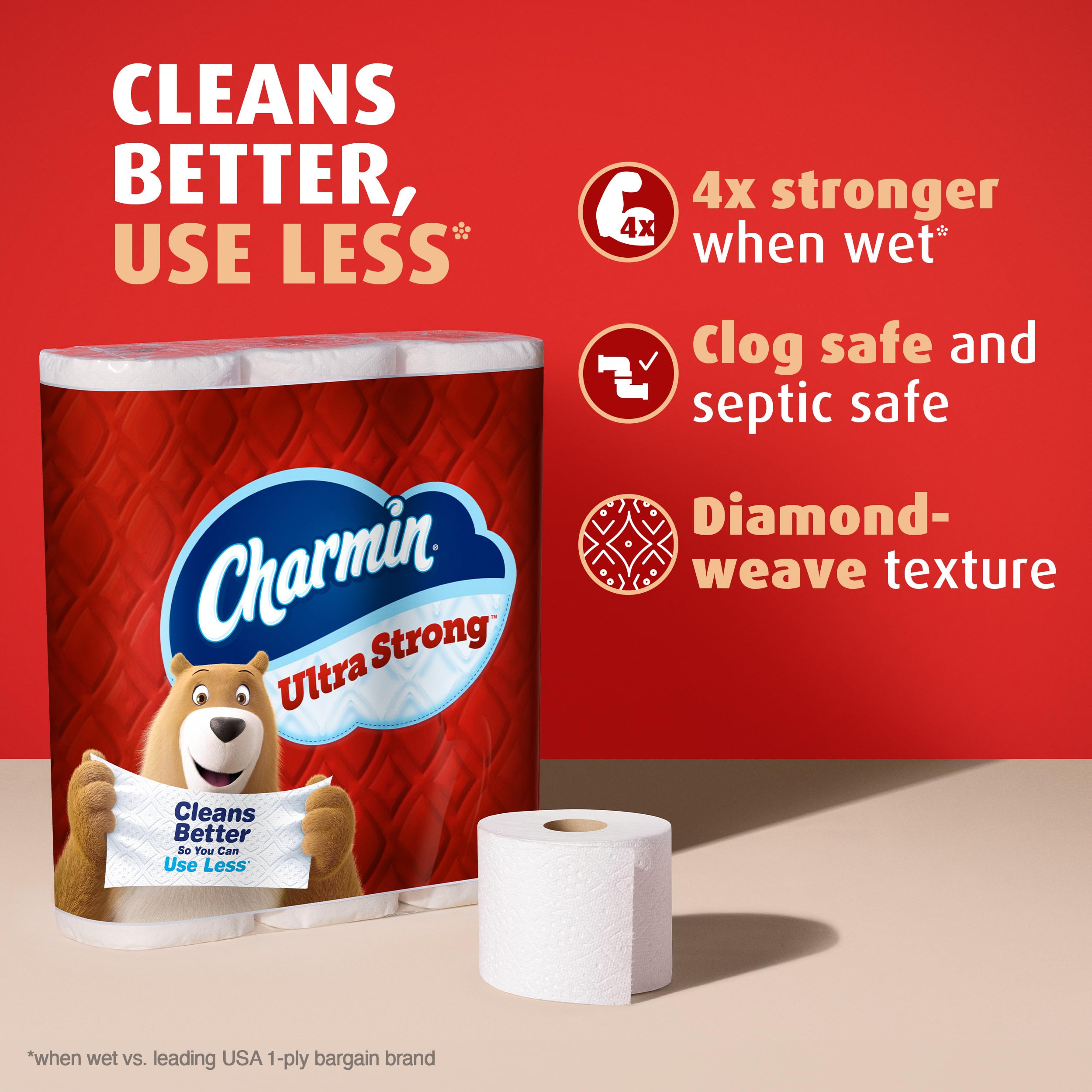 Textura en rombos de Charmin en primer plano, mejora la limpieza con menos hojas