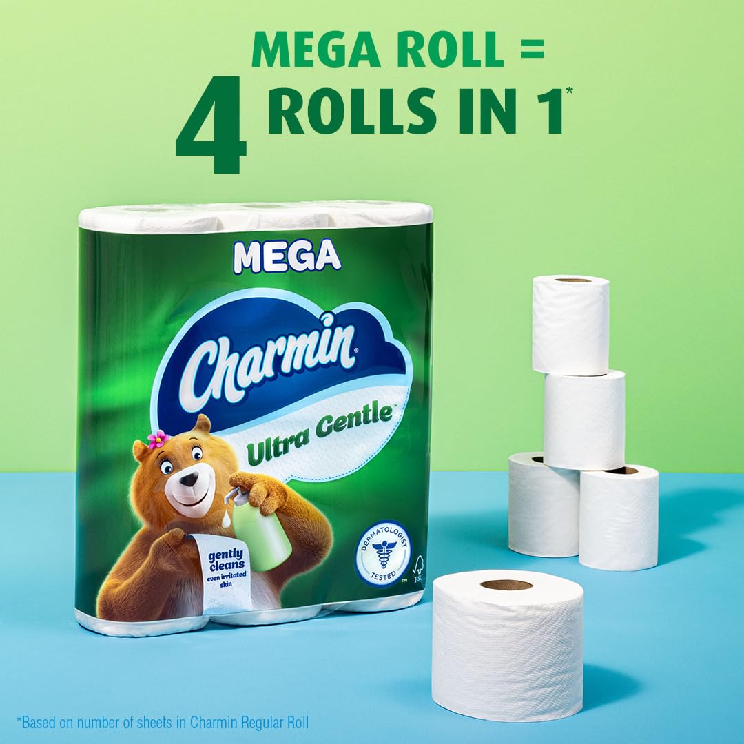 Charmin Ultra Gentle comparación de tamaño de mega rollo frente a rollo regular