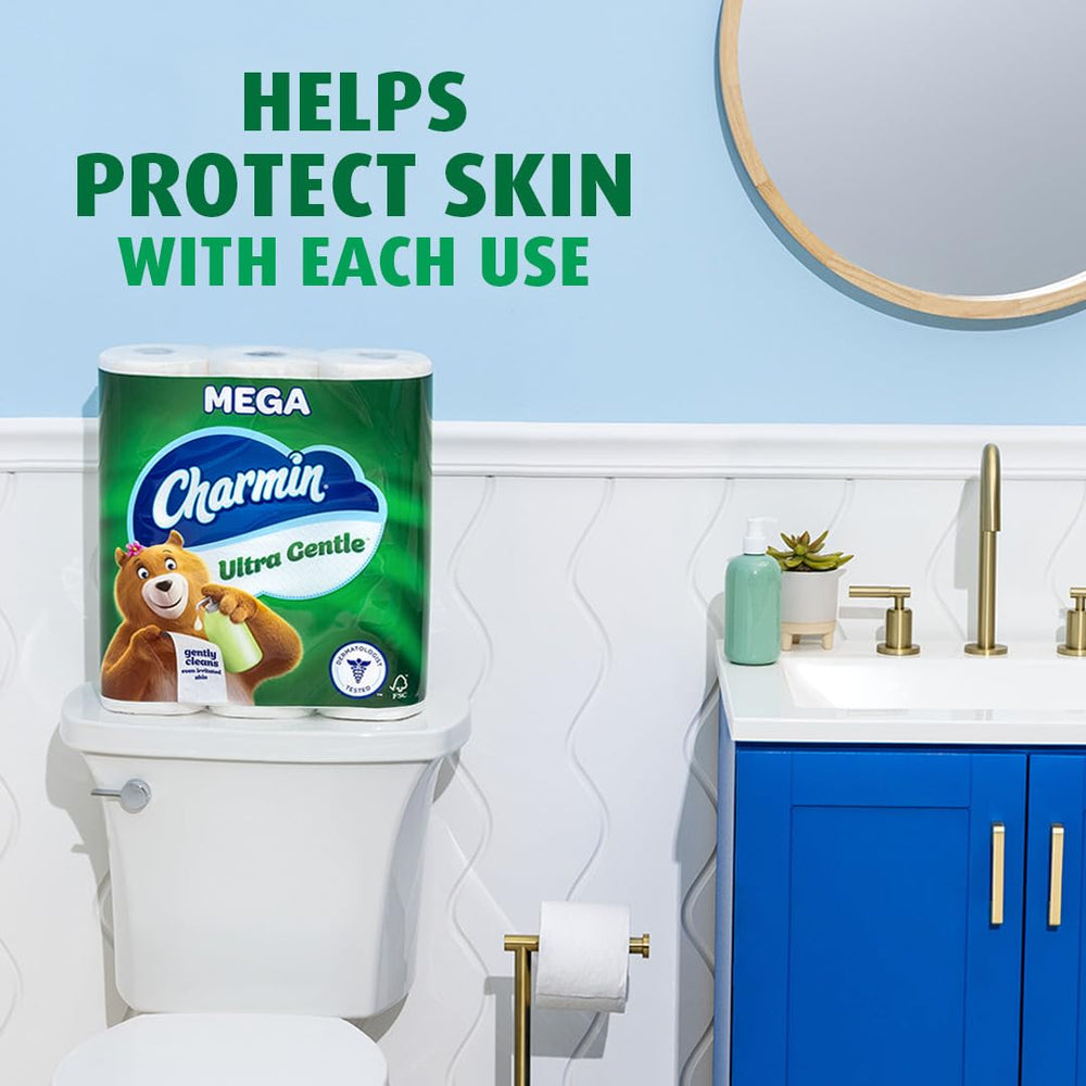 Charmin Ultra Gentle etiqueta con información de hojas por rollo y pruebas dermatológicas