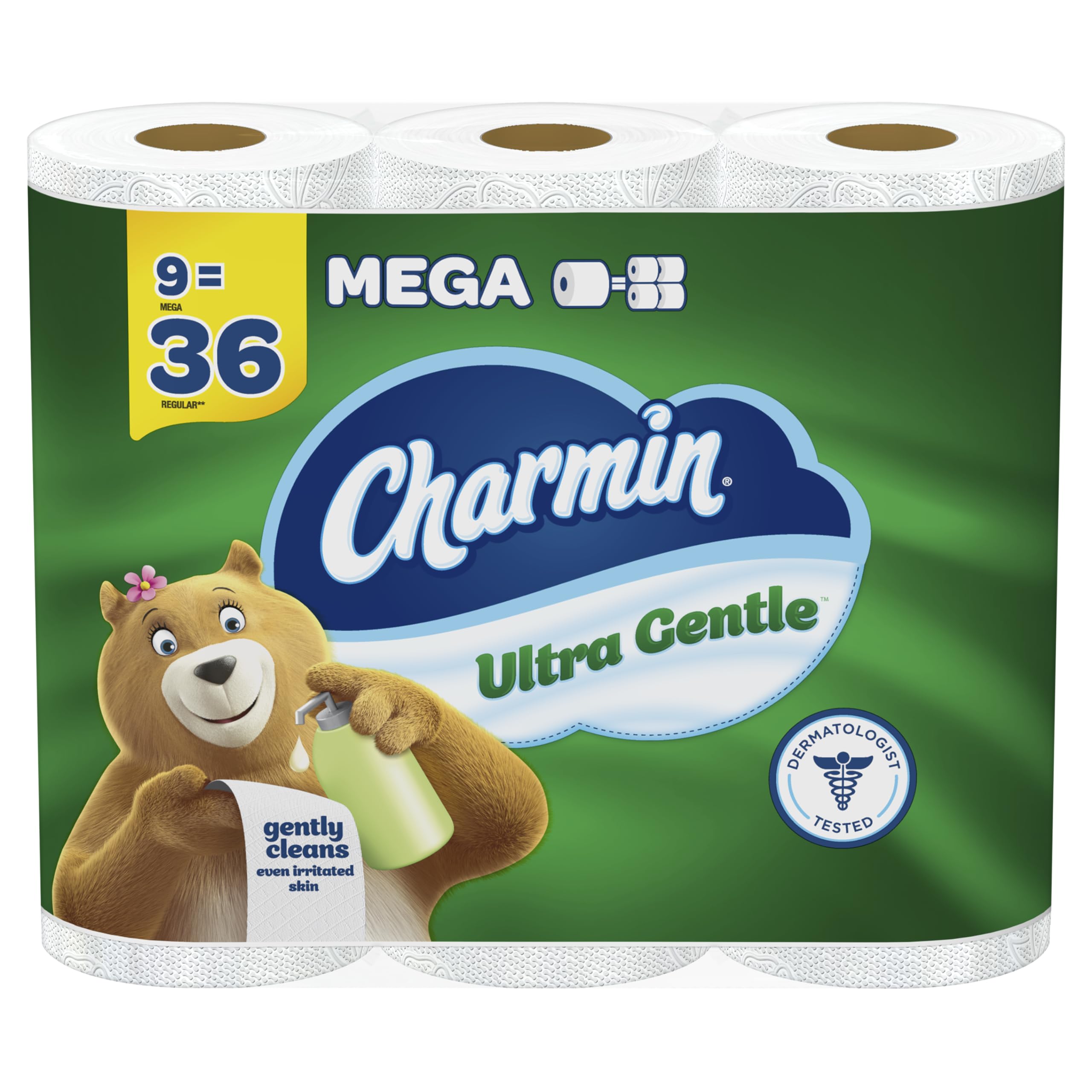 Charmin Ultra Gentle vista frontal del paquete mostrando 9 mega rollos y beneficios