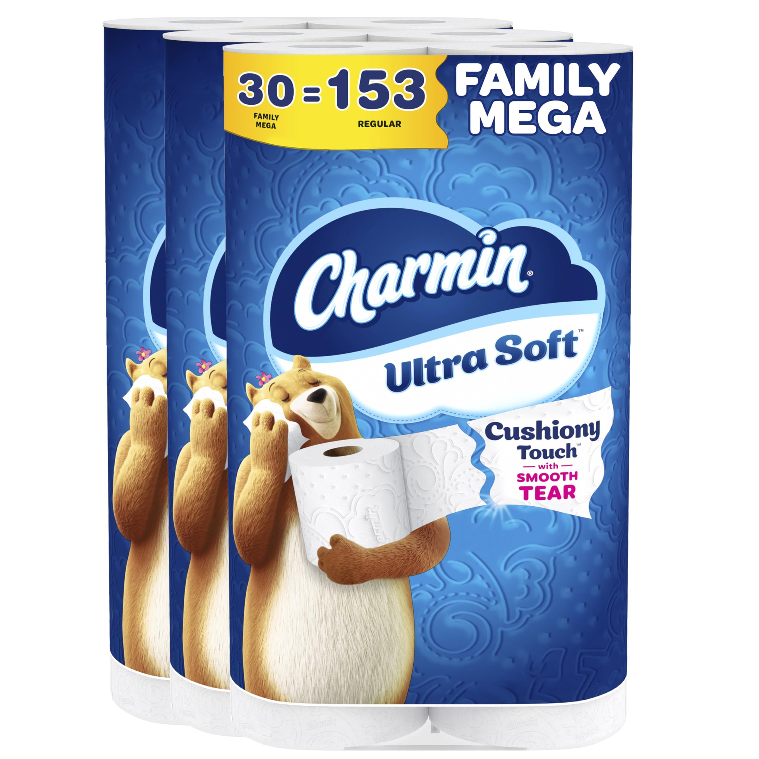 Charmin empaquetado frontal mostrando 30 Family Mega y beneficio de gran ahorro