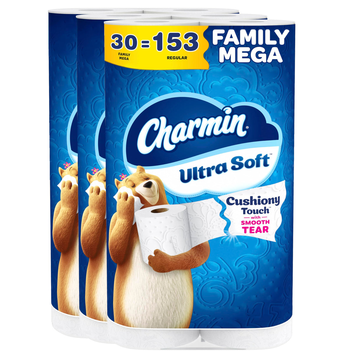Charmin empaquetado frontal mostrando 30 Family Mega y beneficio de gran ahorro