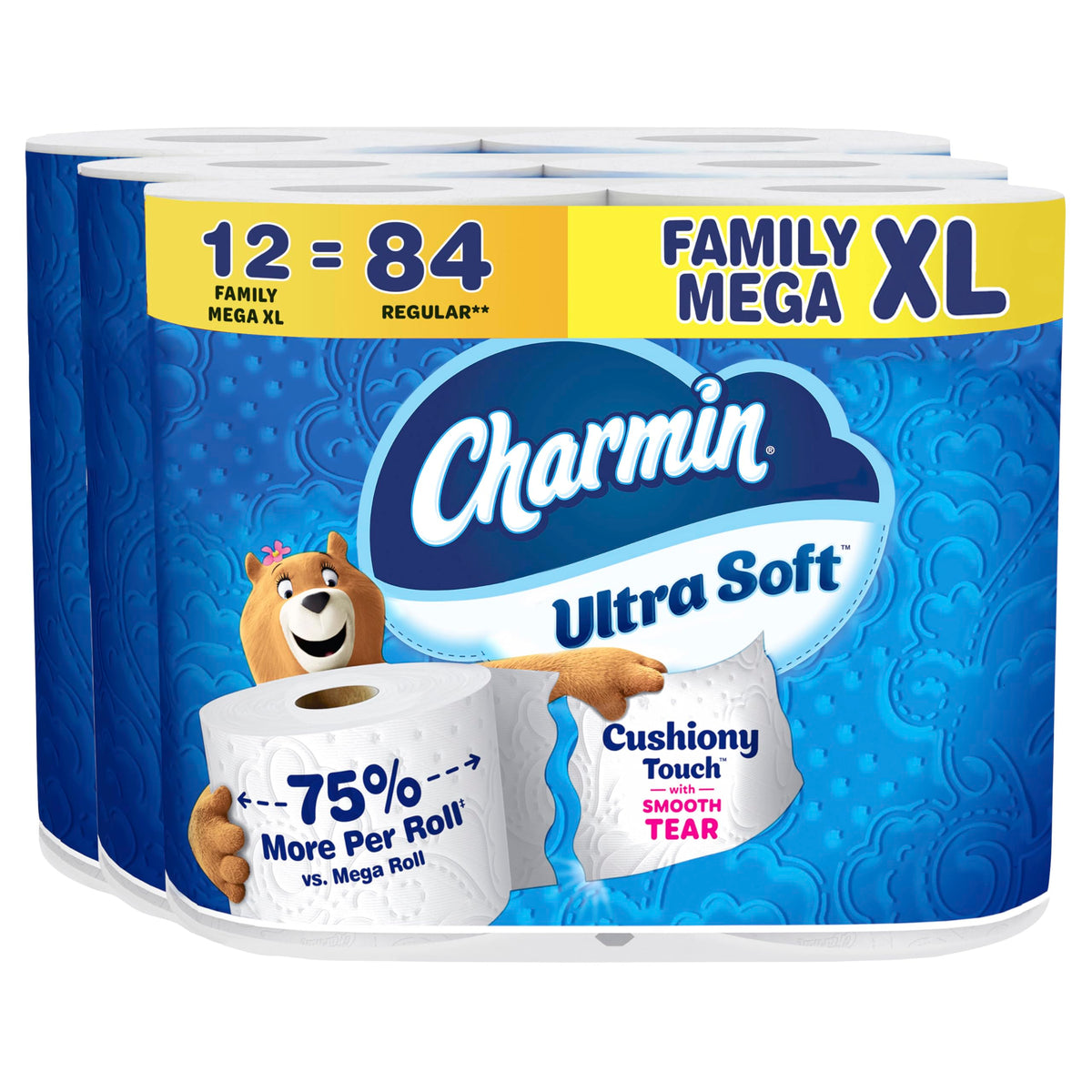 Charmin empaque frontal mostrando 12 Family Mega XL rolls y ahorro