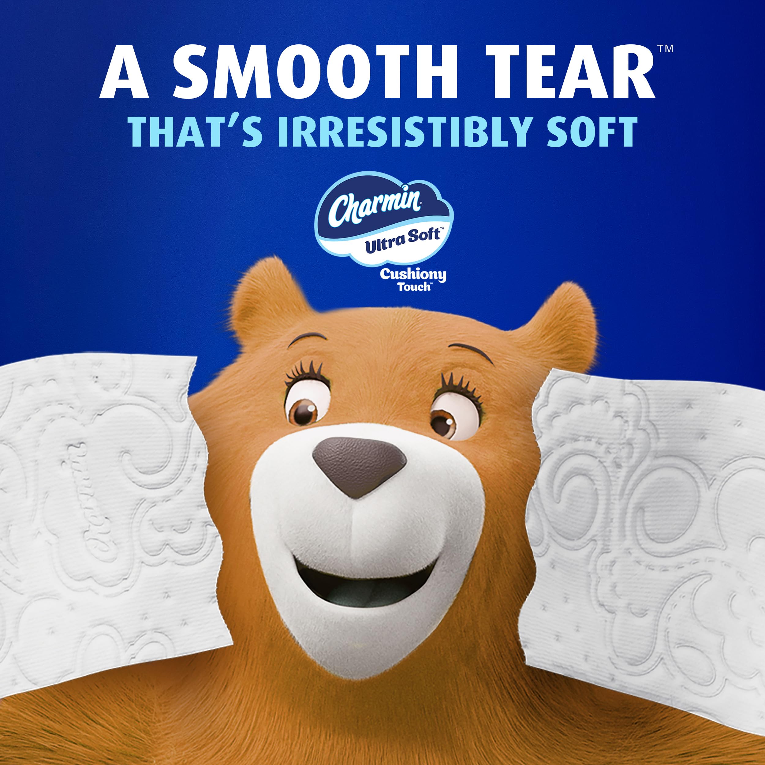 Charmin pila de rollos almacenados ilustrando stock prolongado y conveniencia