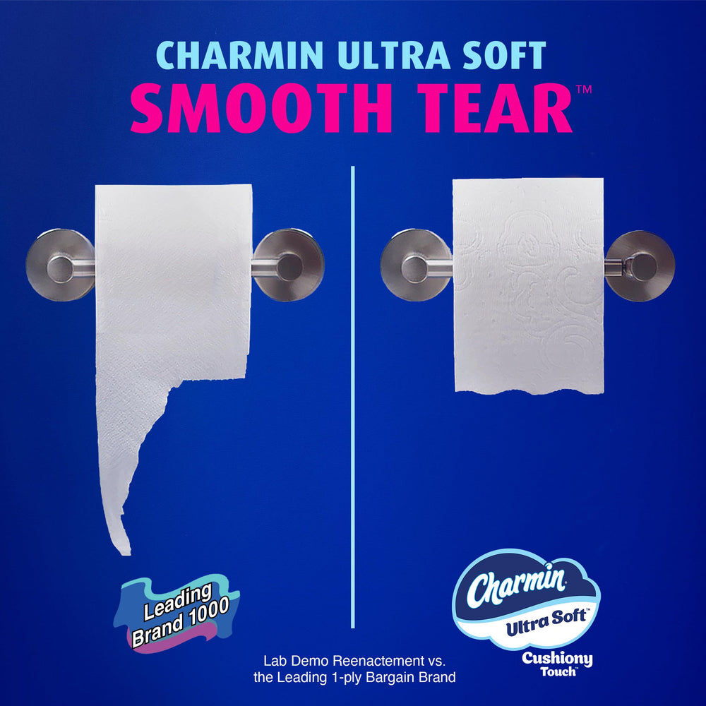 Charmin pila de rollos almacenados mostrando ahorro por volumen
