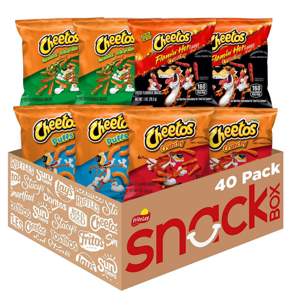 Cheetos front packaging variety pack showing all four flavors and convenience