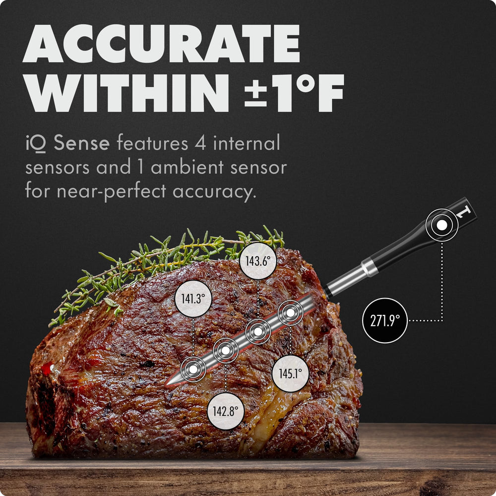 CHEF iQ probe close-up highlighting ultra-thin tip and 1000°F heat-safe durability benefit