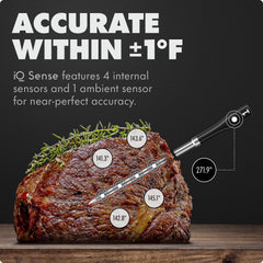 CHEF iQ probe close-up highlighting ultra-thin tip and 1000°F heat-safe durability benefit