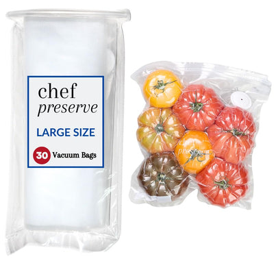 Chef Preserve frente del paquete mostrando 30 bolsas, conservación eficiente