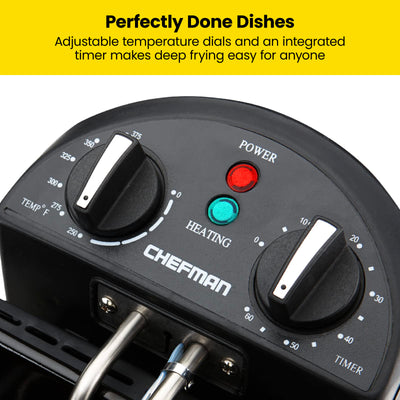 Chefman basket closeup clipped to side draining oil for mess-free serving