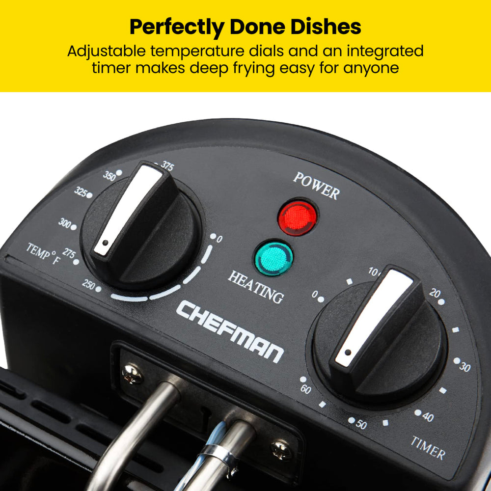Chefman basket closeup clipped to side draining oil for mess-free serving
