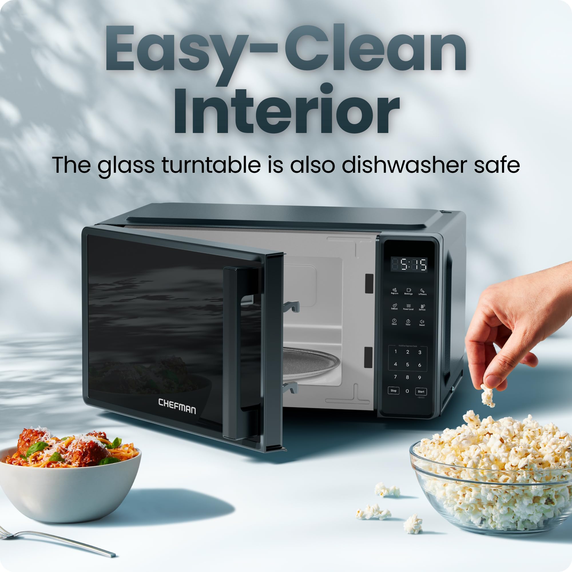 Chefman microwave interior with popcorn showing preset convenience and even cooking