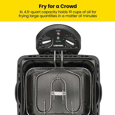 Chefman open basket filled with fries demonstrating large 4.5L capacity