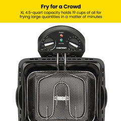 Chefman open basket filled with fries demonstrating large 4.5L capacity
