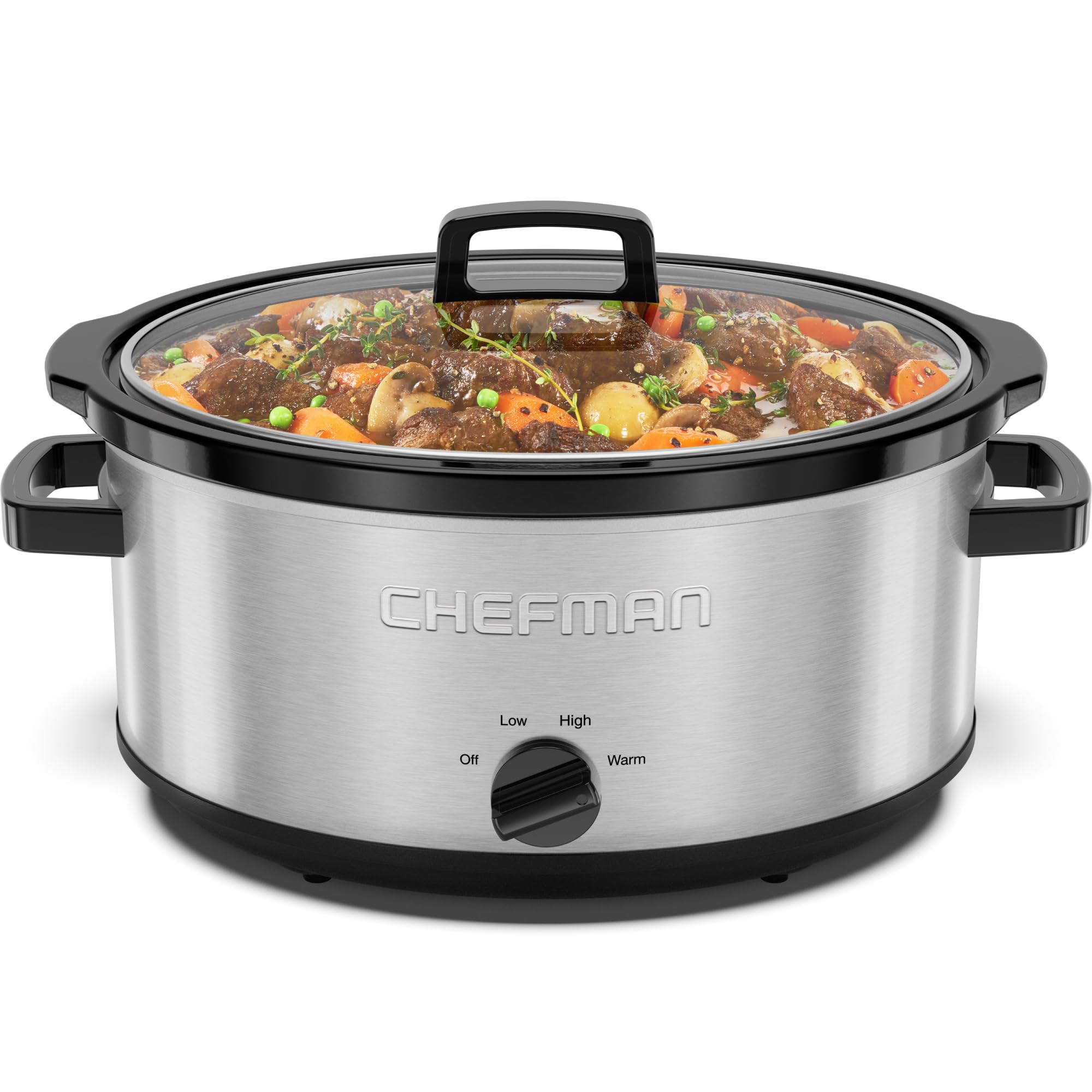 Chefman vista frontal mostrando control y acabado en acero inoxidable, ventaja de capacidad