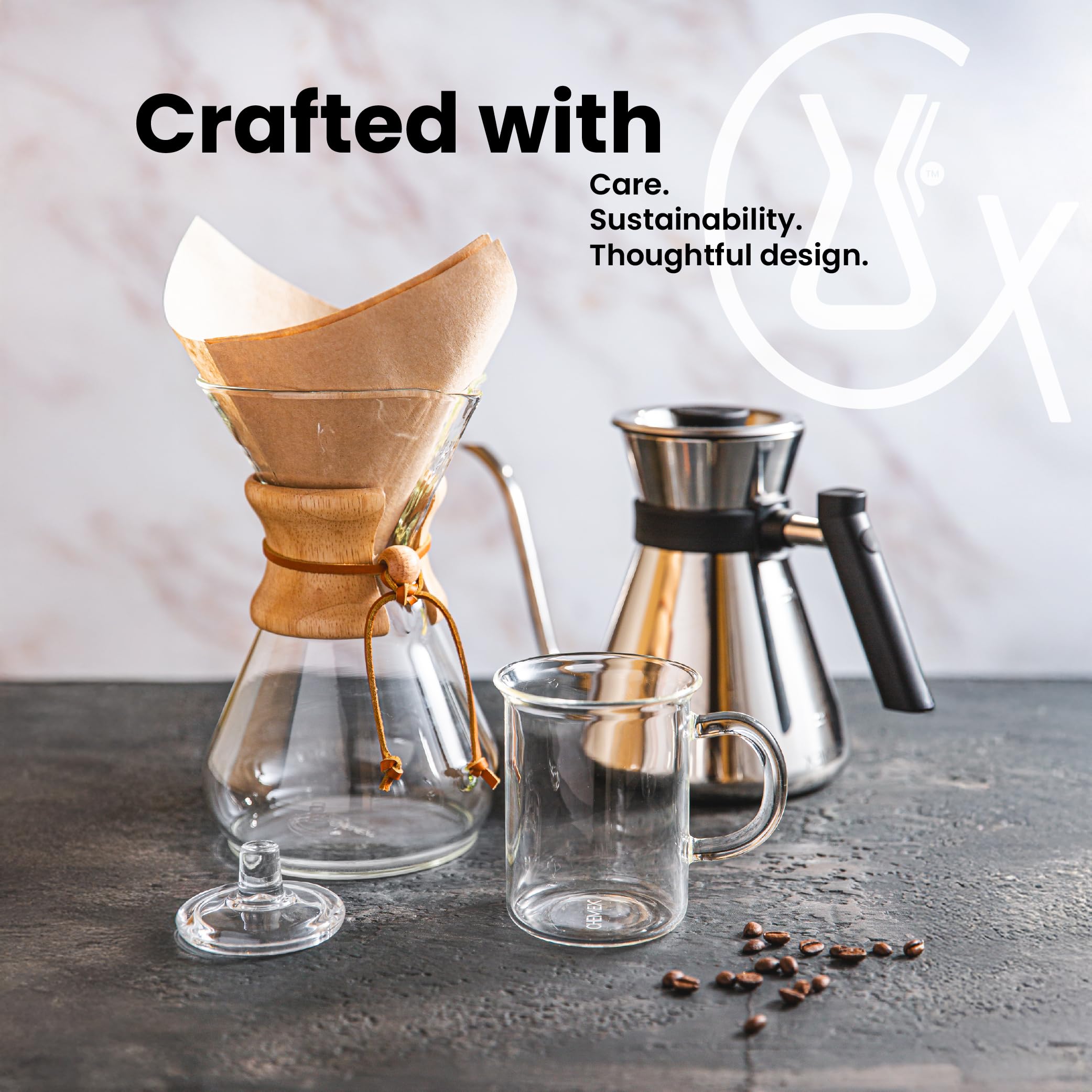 Chemex etiqueta made in USA en caja, destaca fabricación local y práctica sostenible