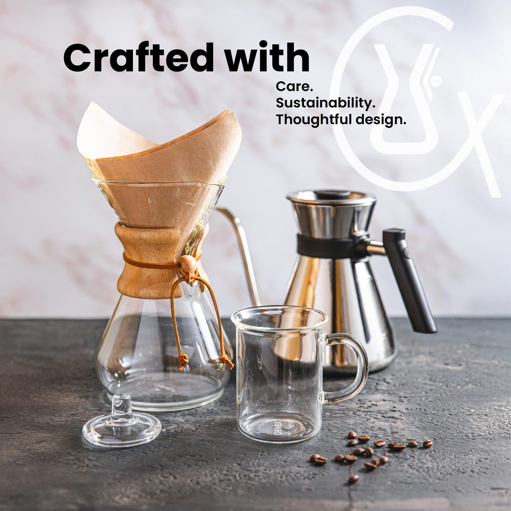 Chemex etiqueta made in USA en caja, destaca fabricación local y práctica sostenible