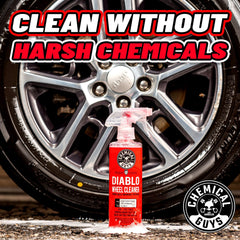 Chemical Guys Diablo on wheel before and after cleaning, restores bright finish