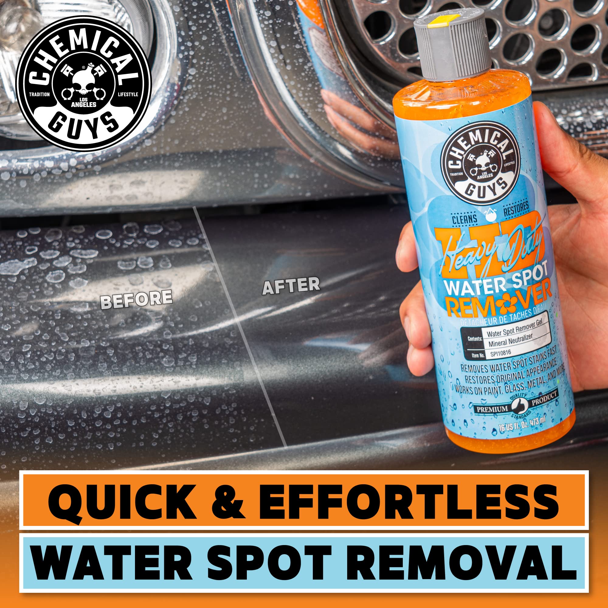 Chemical Guys botella sostenida en mano para mostrar tamaño práctico de 16 oz