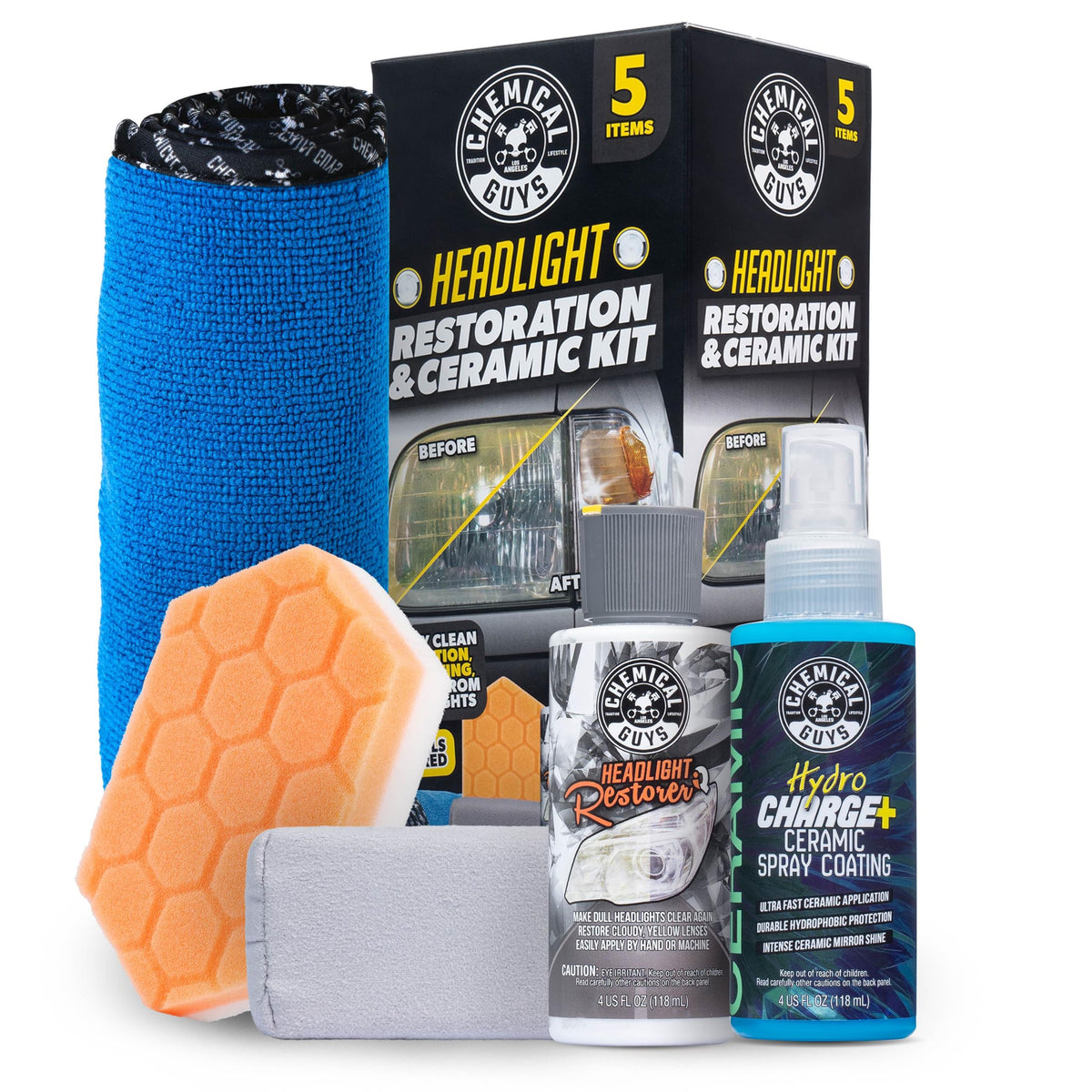 Chemical Guys paquete frontal del kit mostrando componentes y claridad restaurada