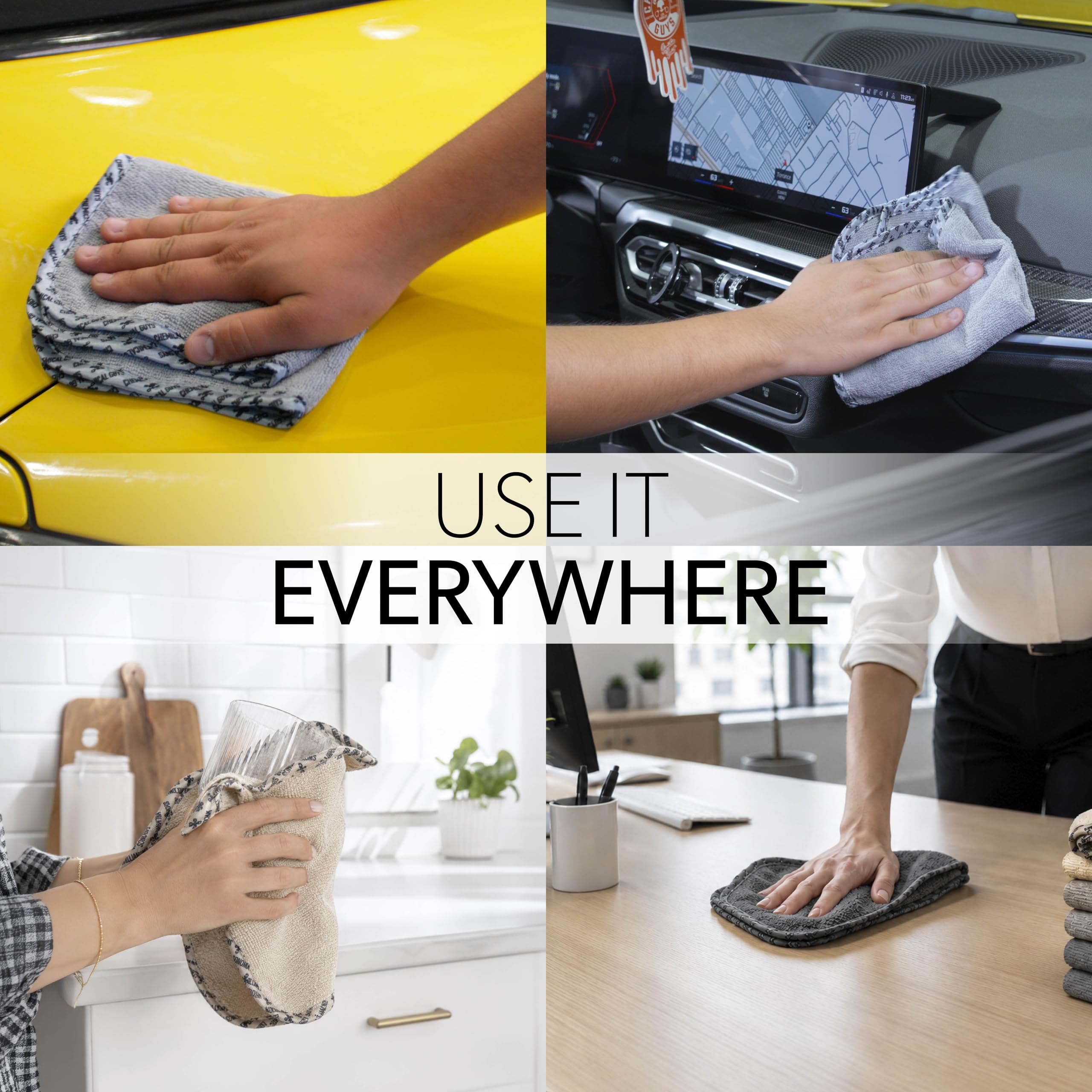 Chemical Guys towel wiping car dashboard delivering streak-free, safe interior cleaning
