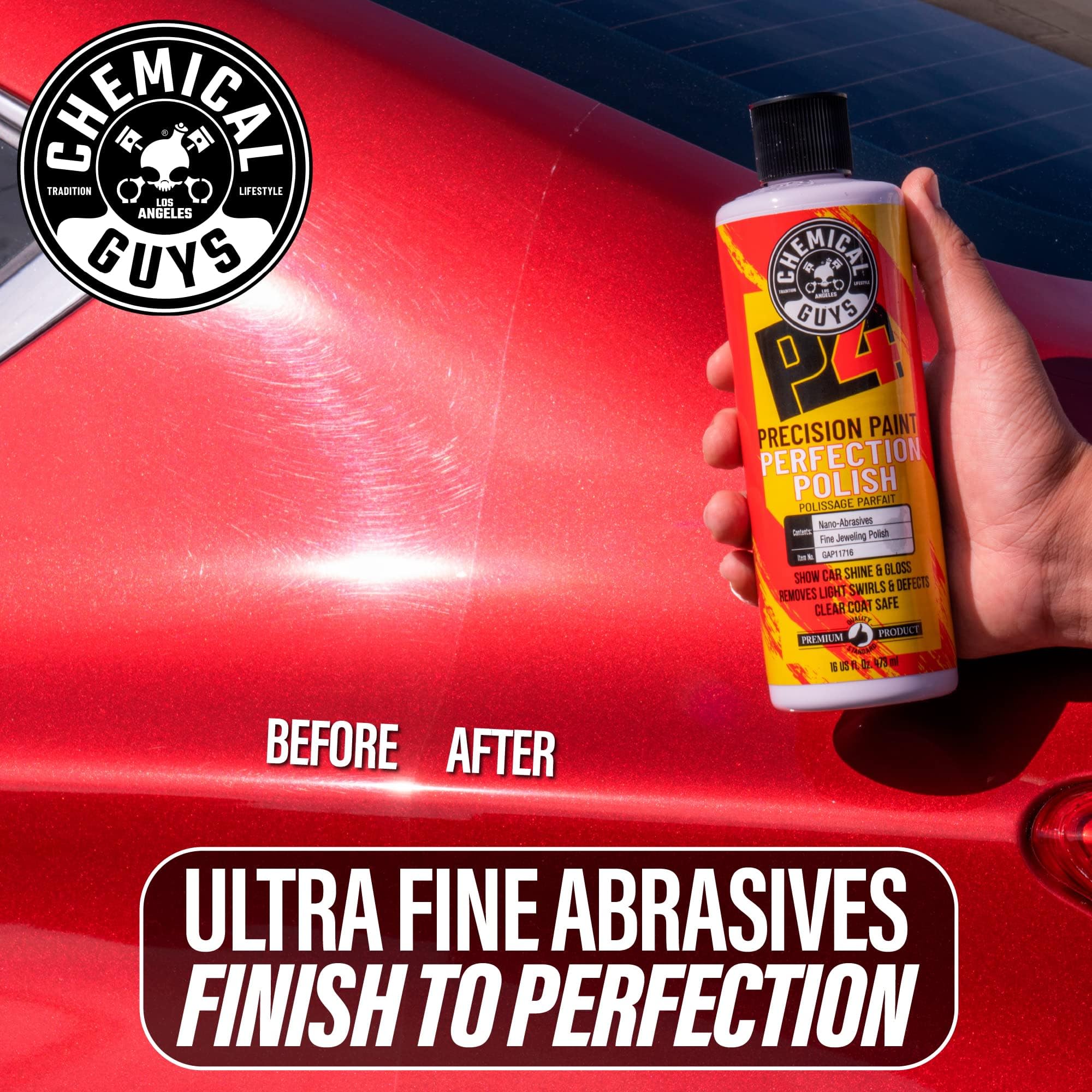 Chemical Guys frascos 16 oz junto a una regla para visualizar escala real