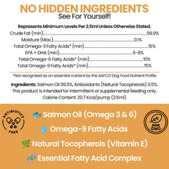 Chew + Heal etiqueta en primer plano con información de omega y vitamina E