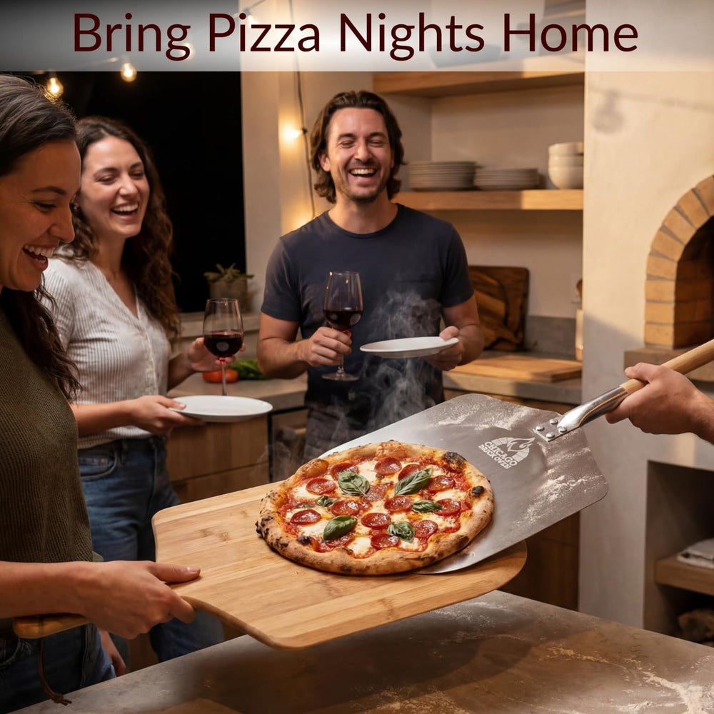 Chicago Brick Oven pala con pizza lista para sacar del horno con control