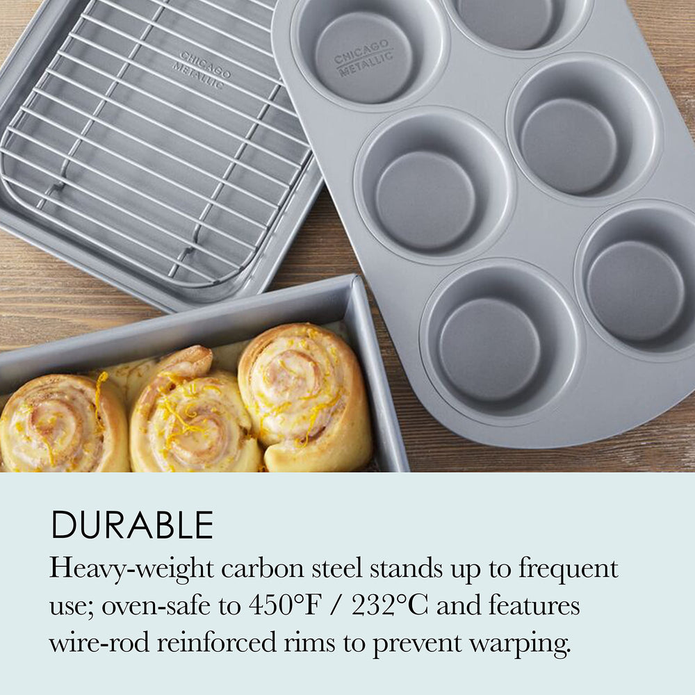 Chicago Metallic roast cake pan close-up showing sturdy construction and heat conduction