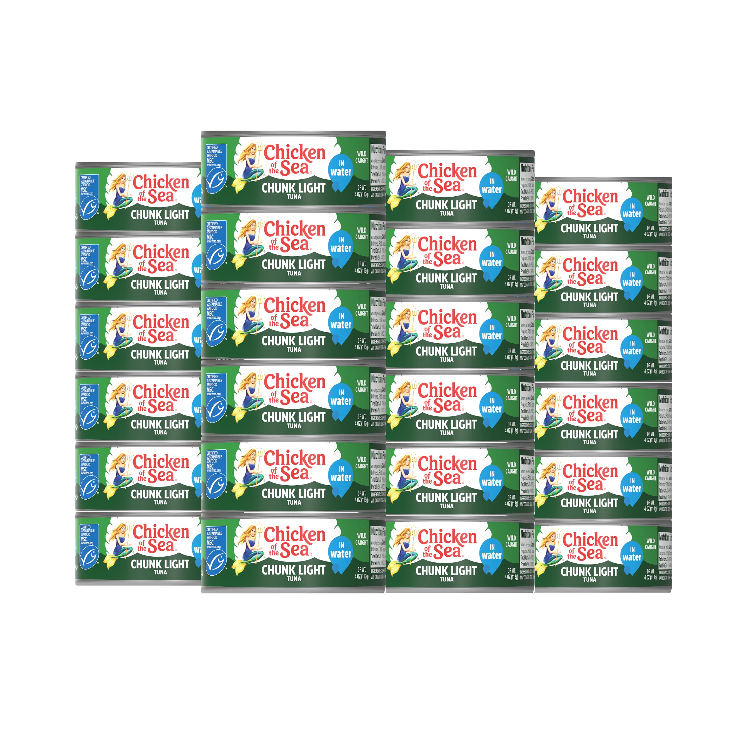 Chicken of the Sea frente del empaque mostrando el pack de 24 unidades y conveniencia